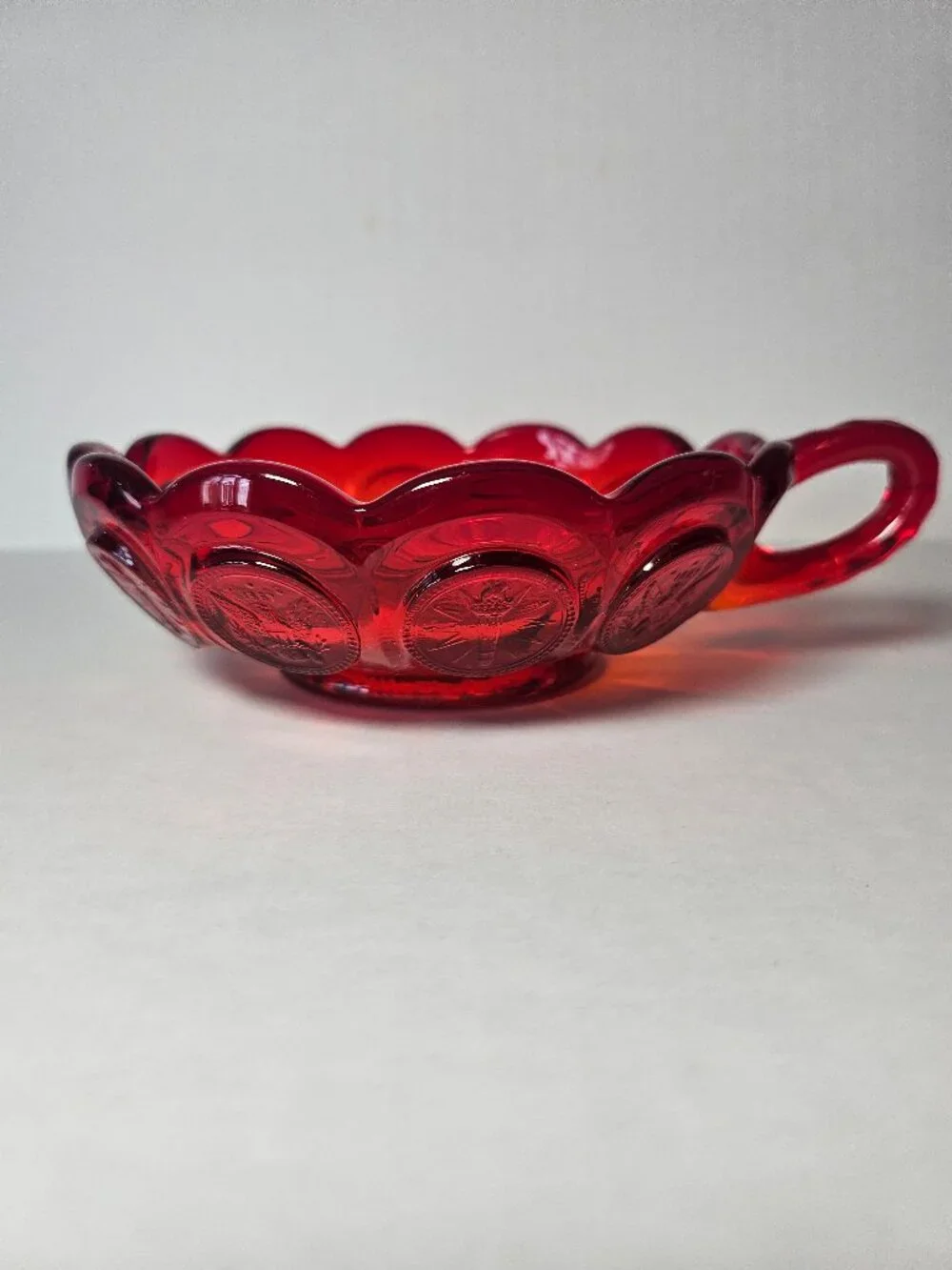 Mid Century Fostoria Amberina Red Liberty Coin Dot Handle Nut Bowl